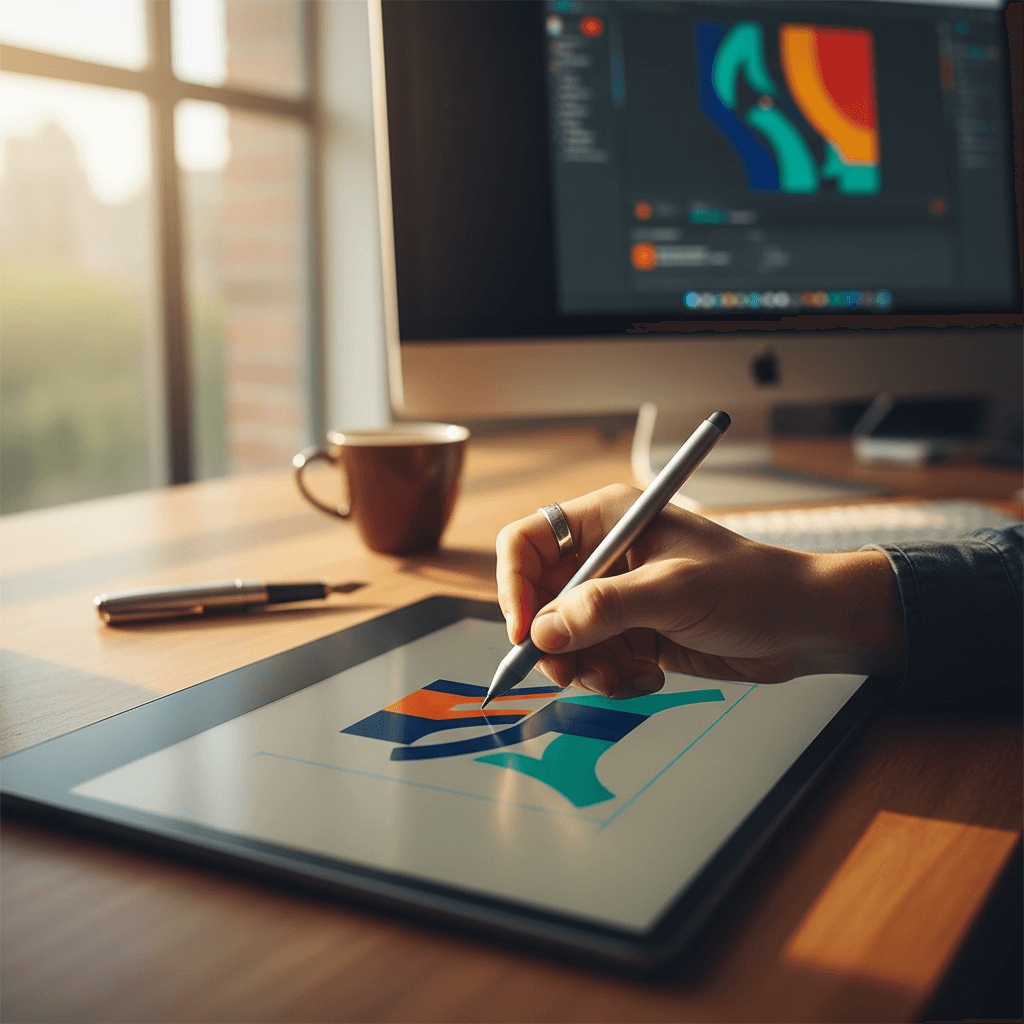 Designer sketching brand logo on Wacom tablet