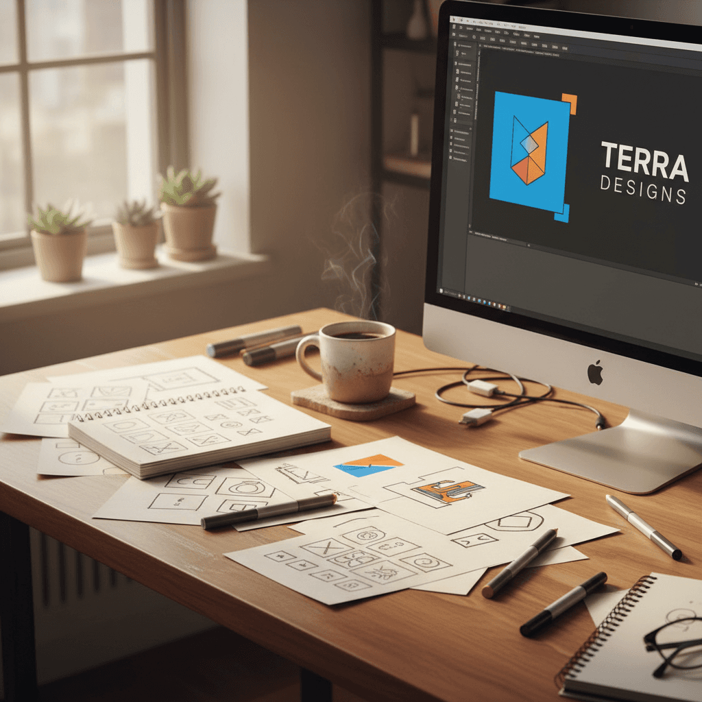 Graphic designer at work creating digital designs on computer and paper sketches