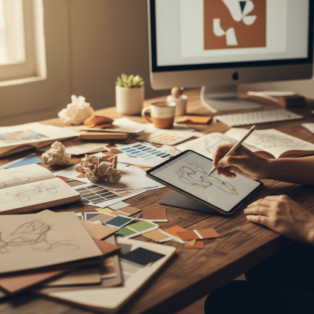 Designer working on tablet with design materials