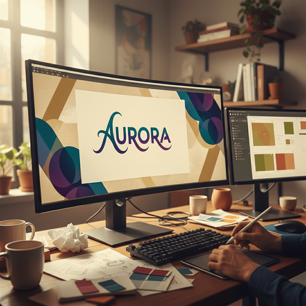 Graphic designer working on digital design mockup at dual monitors