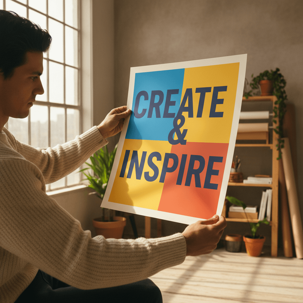 Designer reviewing large format poster print in studio workspace