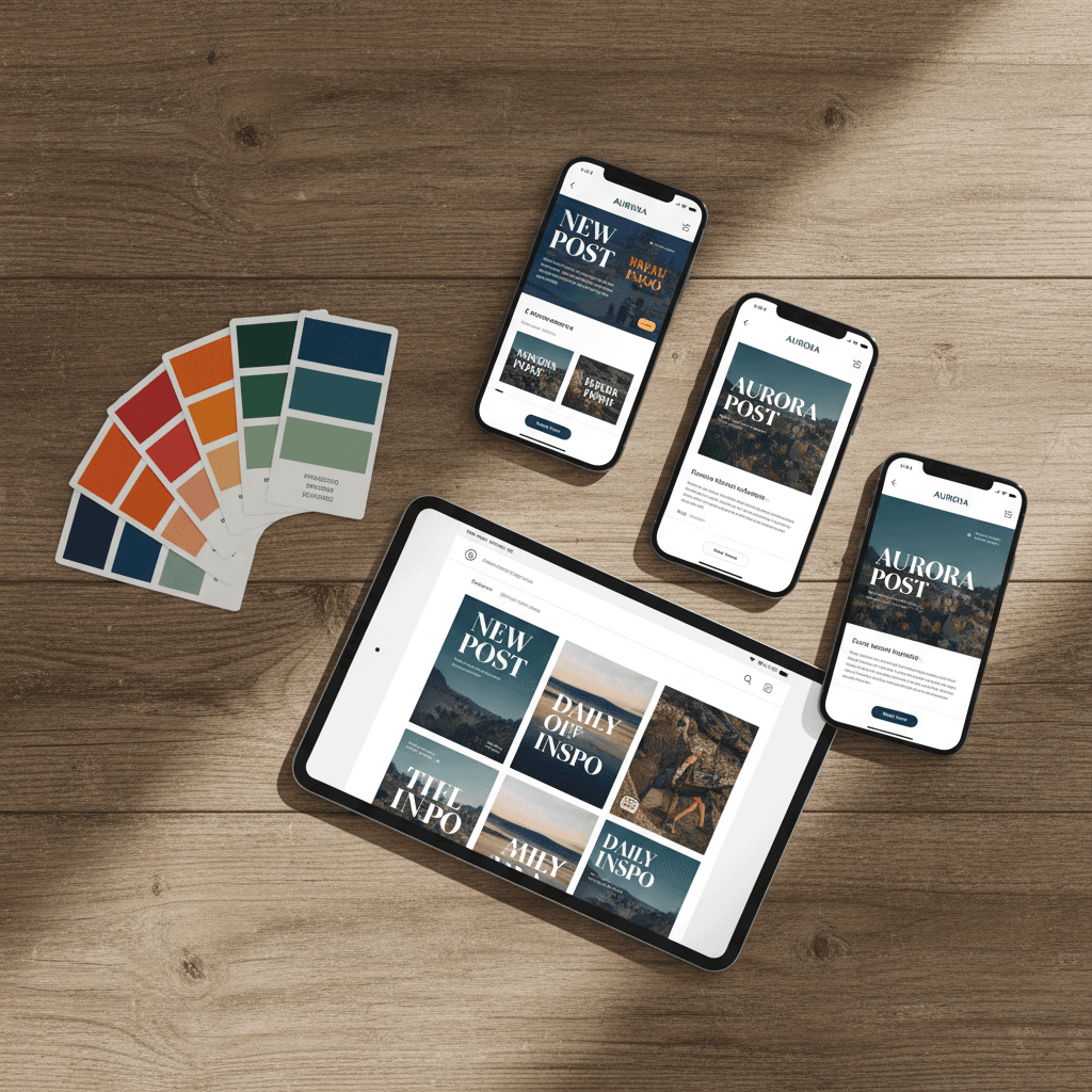 Social media and digital design assets displayed on tablet and smartphone mockups