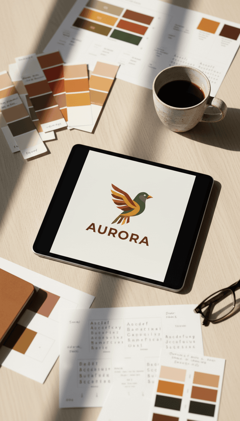 Graphic designer's workspace with tablet, color swatches, and typography samples in natural light