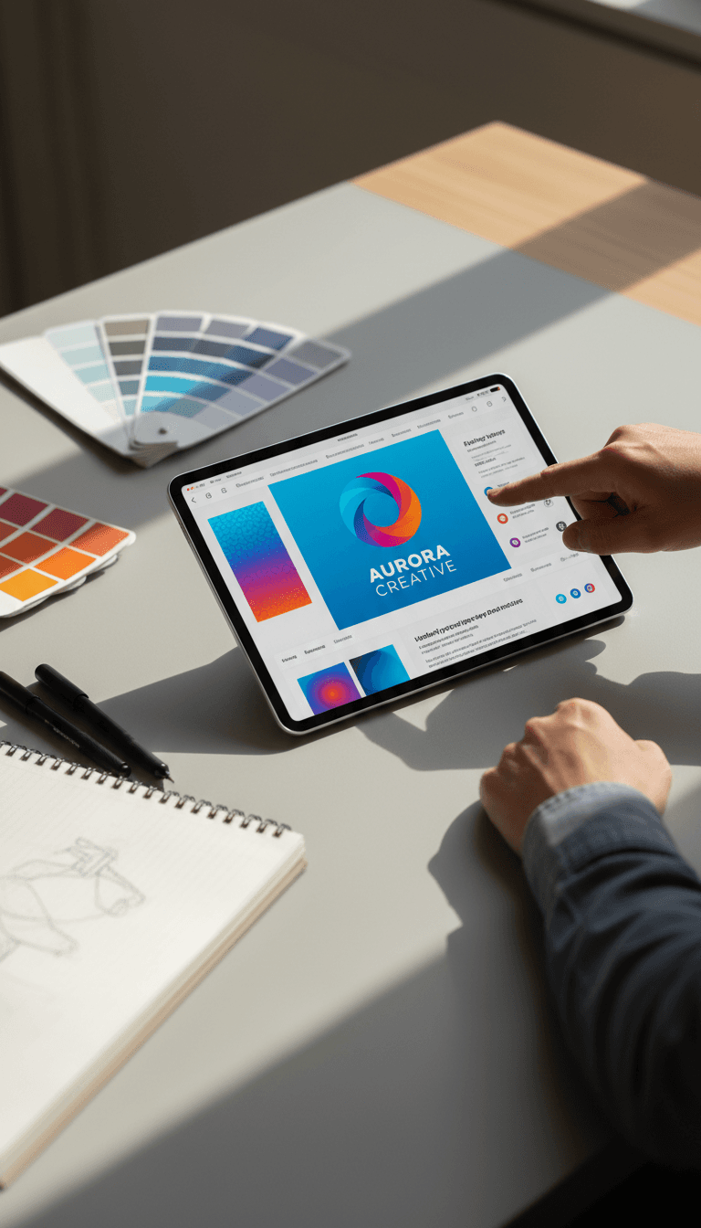 Designer reviewing brand identity work on tablet at workspace