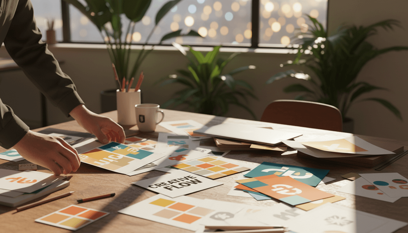 Designer arranging colorful brand mockups and design materials on a workspace desk