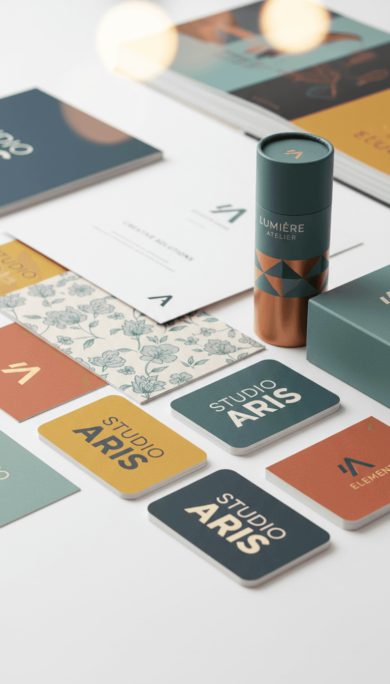 Printed graphic design portfolio pieces including business cards and branding materials