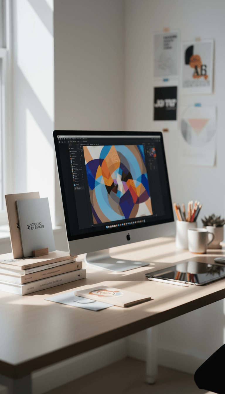 Creative studio workspace with design projects displayed