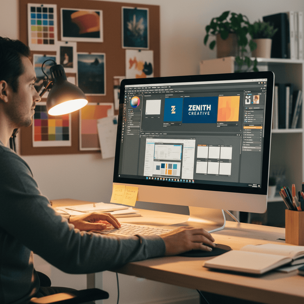 Graphic designer working on design project at desktop computer