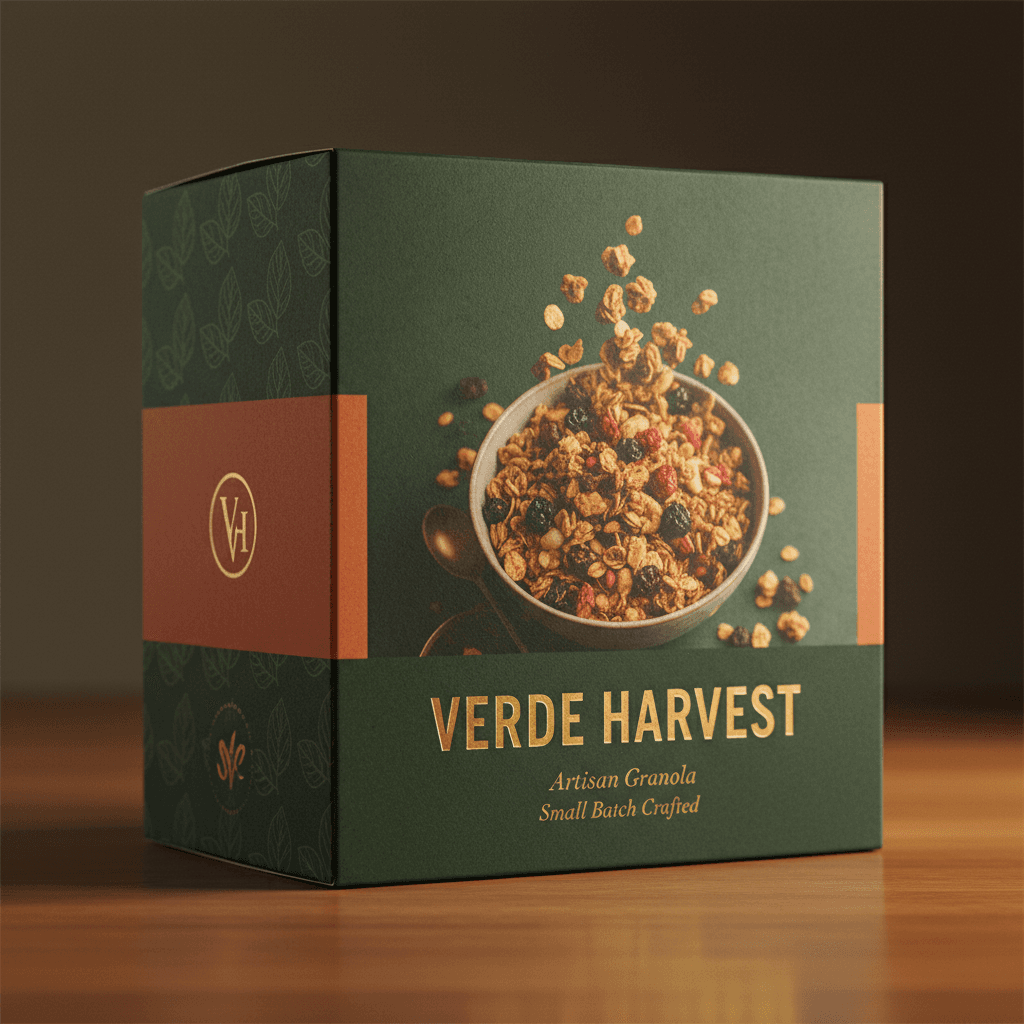 Custom packaging design showing branded box with product label and logo