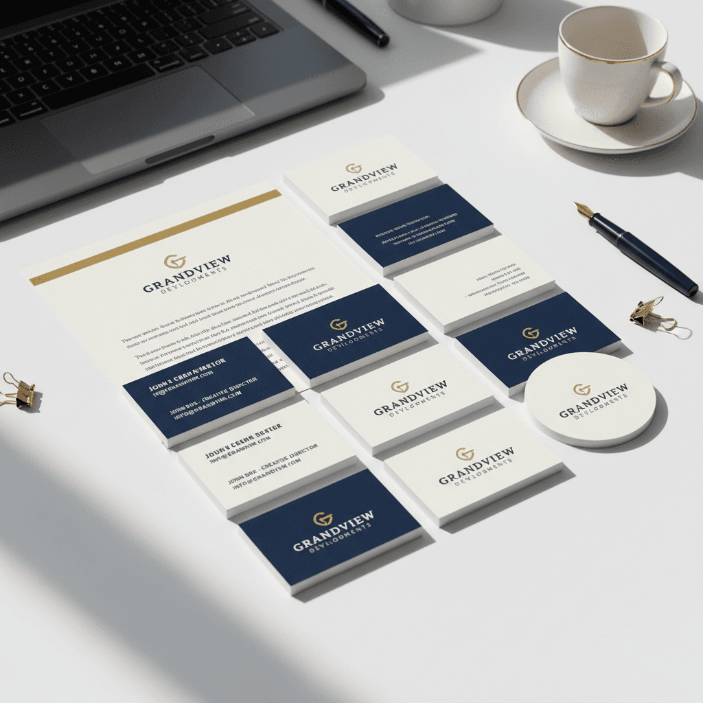 Brand identity system with business cards and letterhead on designer desk