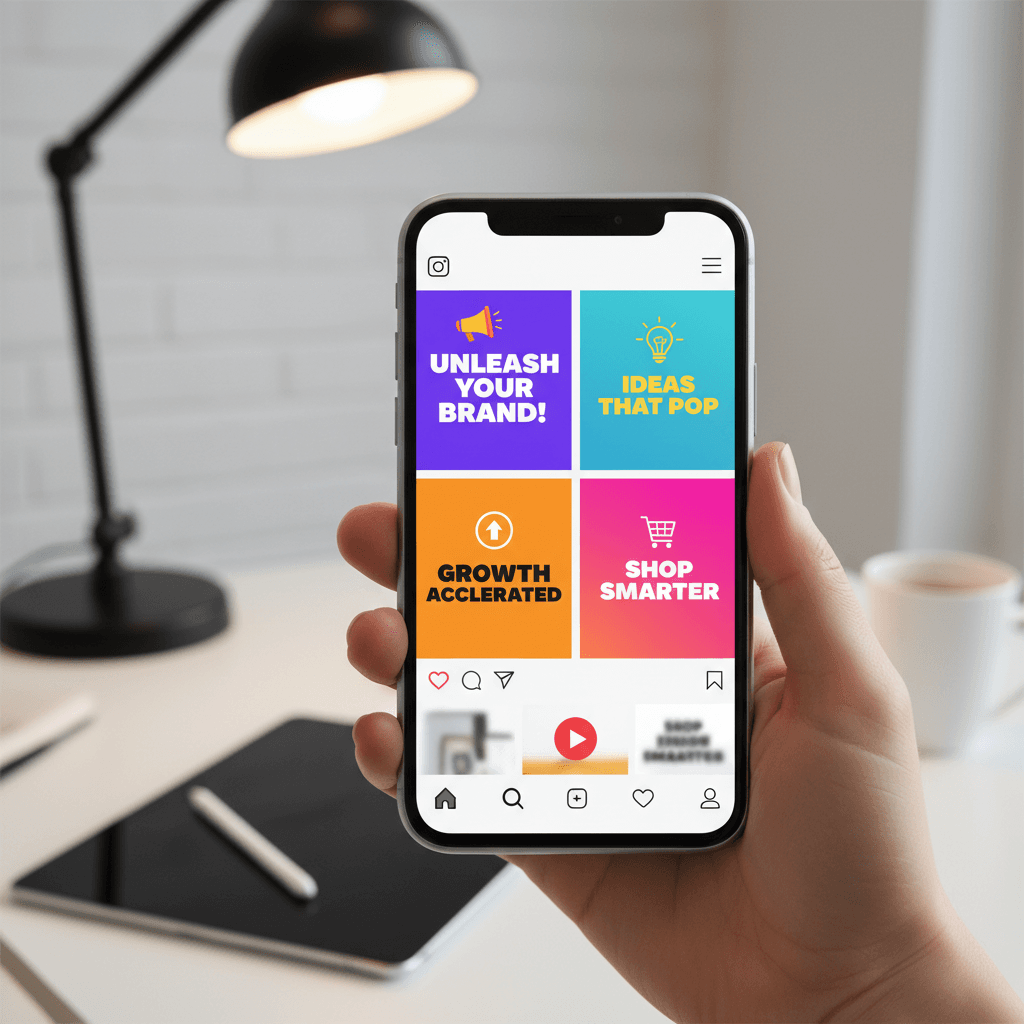 Social media design mockup displayed on smartphone showing Instagram posts