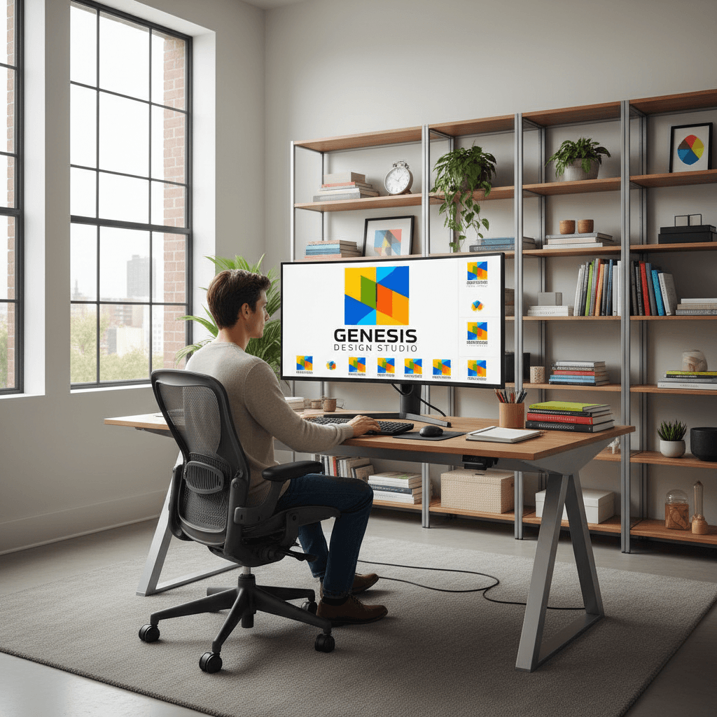 Designer reviewing logo design concepts on desktop monitor