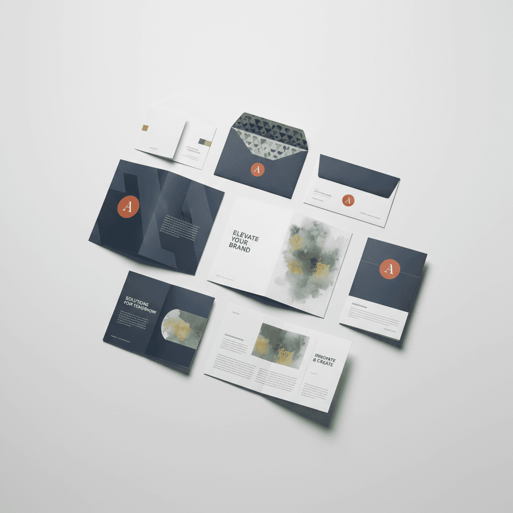 Printed brochures, flyers, and marketing materials showcasing brand design