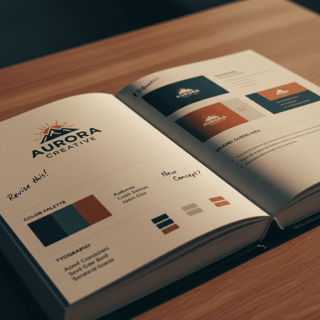 Printed portfolio book displaying logo designs and brand guidelines