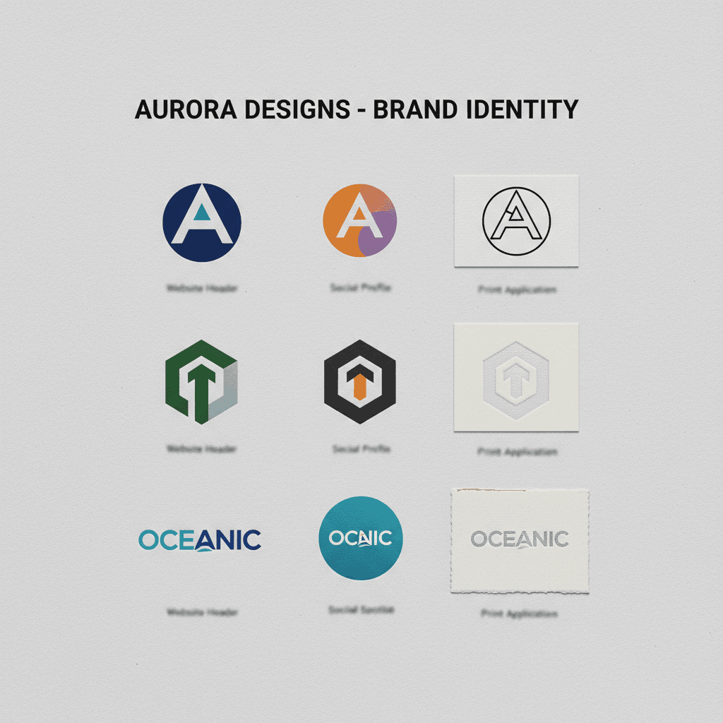 Logo design variations and application mockups on presentation background